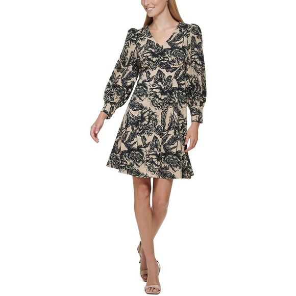 Calvin Klein Black and Cream Floral Dress - Picture 1 of 2